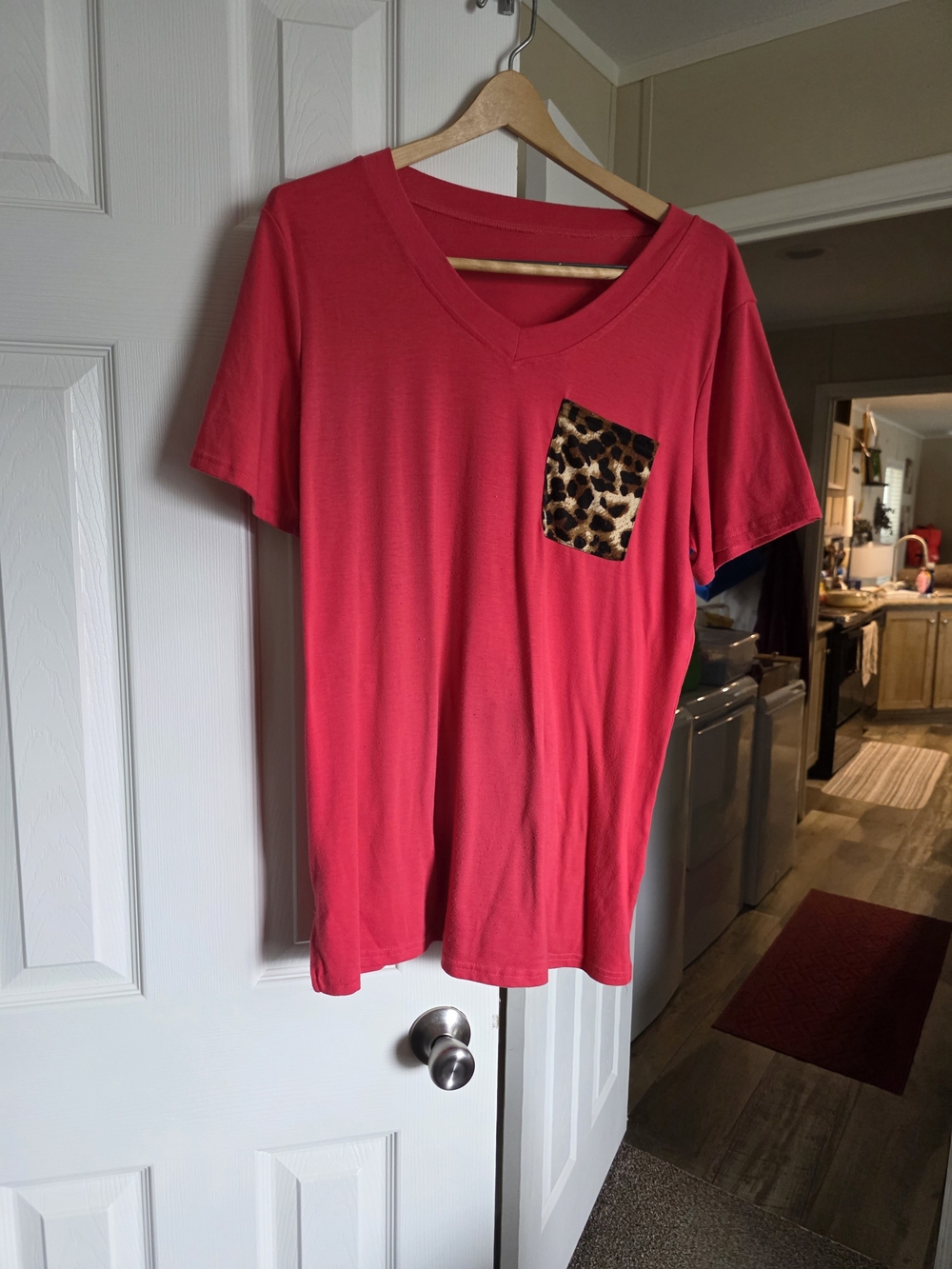 V-neck Tee with Leopard Pocket - Bright Pink